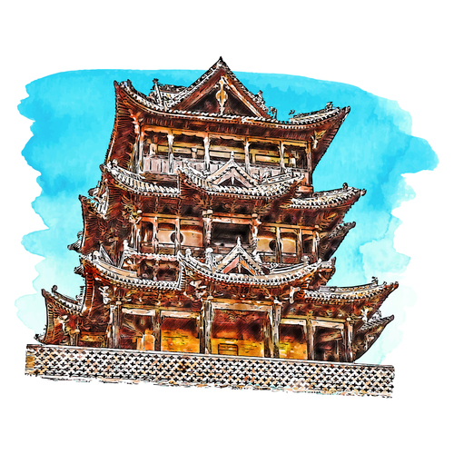 Architecture china watercolor hand drawn illustration background vector