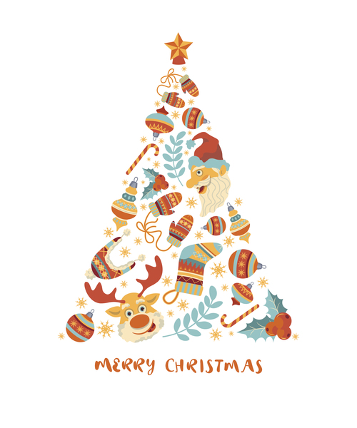 Beautiful christmas card tree from new years objects vector
