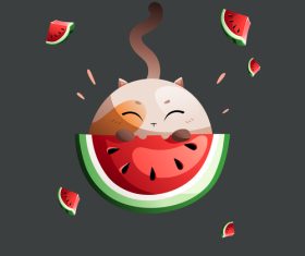 Cartoon fat cat eats juicy red watermelon vector clipart