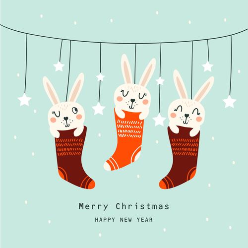 Christmas cards with cute rabbits vector illustrations