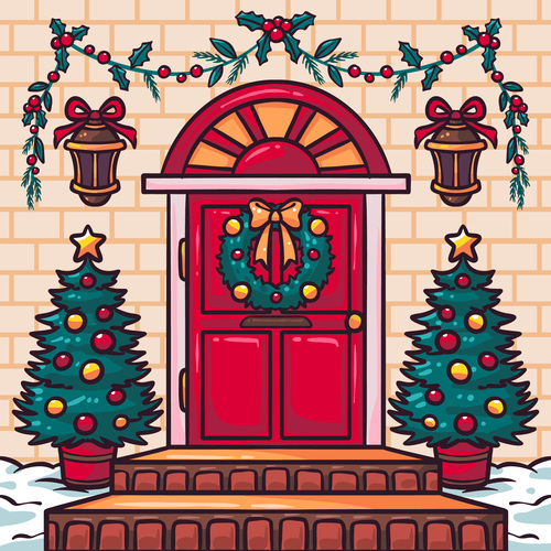 Christmas door illustration hand drawn vector