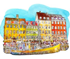 Copenhagen denmark watercolor hand drawn illustration background vector