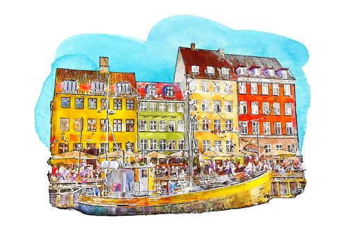 Copenhagen denmark watercolor hand drawn illustration background vector
