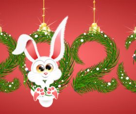 Cute fluffy white cartoon winter rabbit hanging in 2023 new year vector