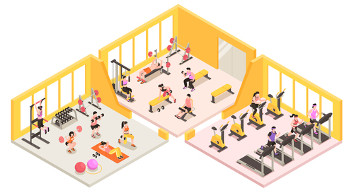 Fitness club concept with people training inside vector