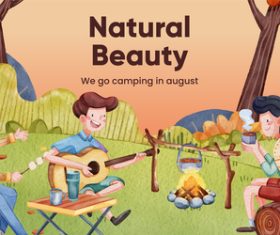 Happy young people outdoor camping vector illustration