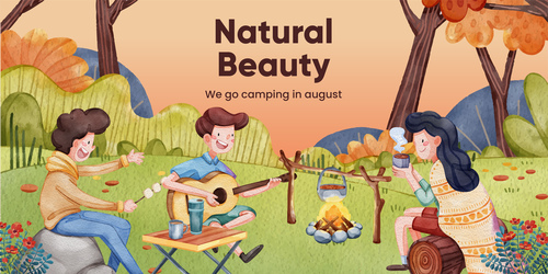 Happy young people outdoor camping vector illustration