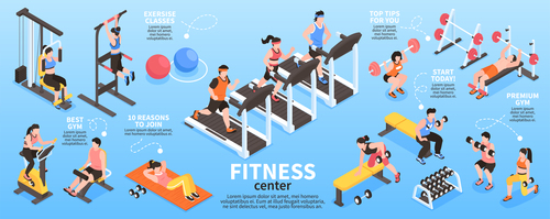 Isometric gym fitness infographics vector