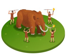 Isometric illustration with mammoth being attacked by group people vector