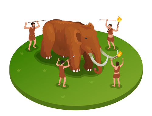 Isometric illustration with mammoth being attacked by group people vector