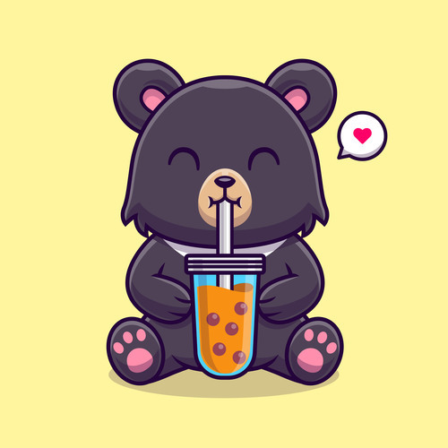 Little bear drinking beverage cartoon illustration vector