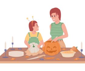 Little girl and mother make pumpkin lamp vector