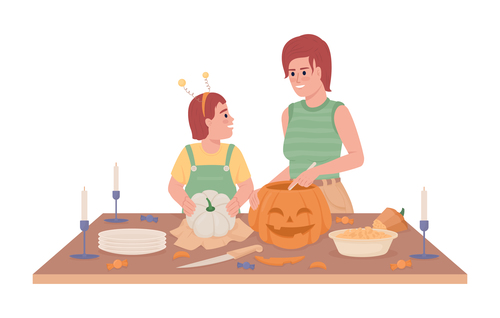 Little girl and mother make pumpkin lamp vector