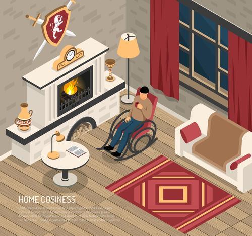 Man vector sitting in front of the fireplace drinking coffee