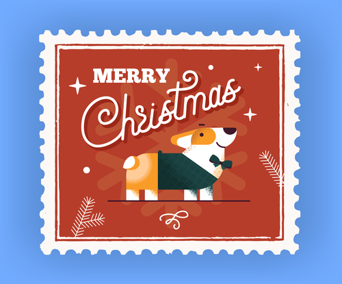Merry christmas lettering christmas card with corgi dog stamp with inscription vector