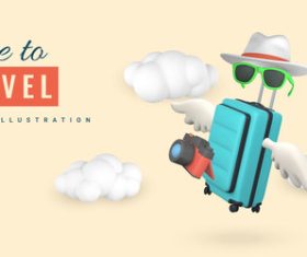 Realistic render photo camera sunglasses hat suitcase with wings fly clouds vector illustration