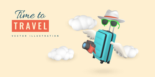 Realistic render photo camera sunglasses hat suitcase with wings fly clouds vector illustration
