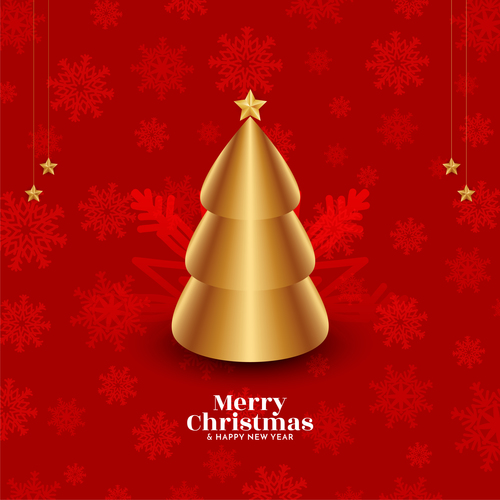 Red background with golden christmas tree vector