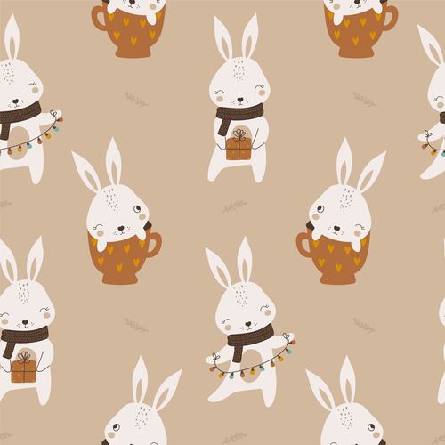 Seamless pattern with cute rabbits vector illustrations