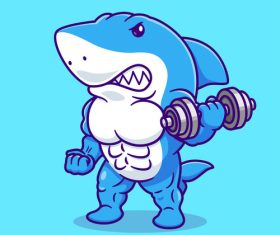 Shark exercising muscles cartoon illustration vector
