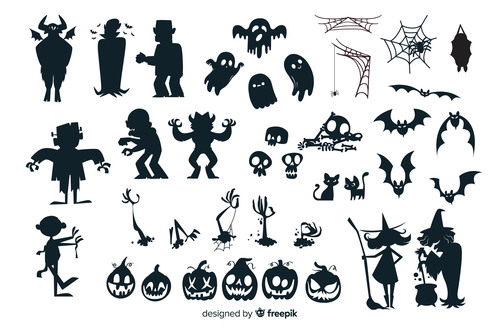 Bat zombie and other Halloween silhouette vector