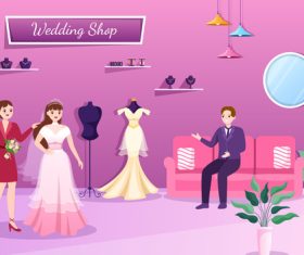 Beautiful bride tries on wedding dress illustration vector
