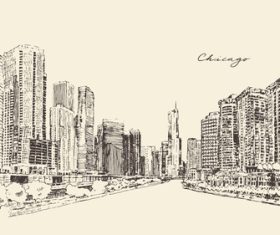 Big city architecture engraving hand drawn sketch vector