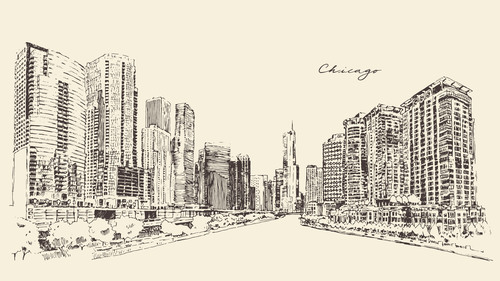 Big city architecture engraving hand drawn sketch vector