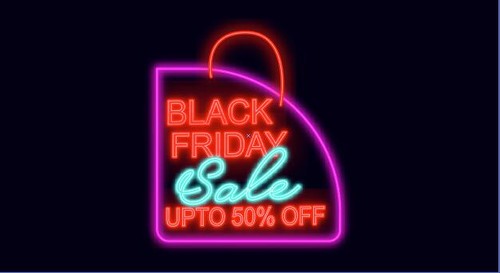 Black friday sale up 50 off lettering neon sign vector