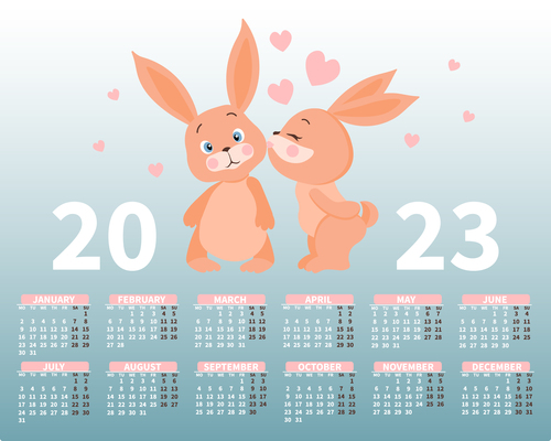 Calendar 2023 with a cute pair of bunnies in love on the background of hearts illustration print vector