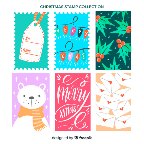Cartoon christmas stamp collection vector