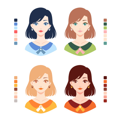 Color selection of cartoon characters of beautiful girls vector