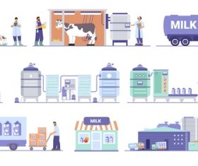 Dairy plant set flat isolated compositions with factory facilities milking vector