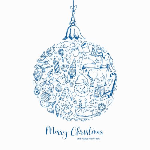 Decorative christmas elements ball sketch background vector