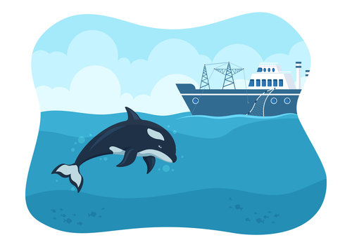 Dolphin and fishing vessel vector