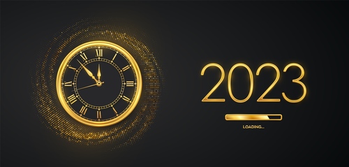 Golden clock and 2023 font new year banner vector