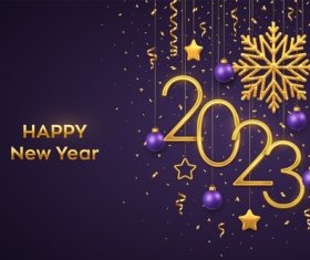 Golden snowflake and Christmas ball background 2023 New Year greeting card vector