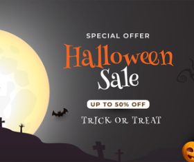 Halloween sale banner with pumpkin lantern on dark background vector