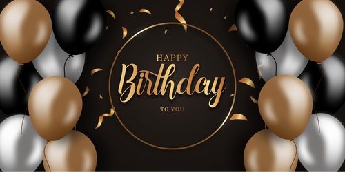 Happy birthday banner with circle gold and realistic balloons premium vector