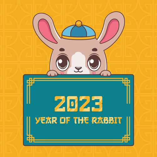 Happy china new year 2023 with cute rabbit holding sign vector