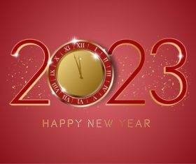 Happy new year red background with clock illustration on numbers 2023 vector