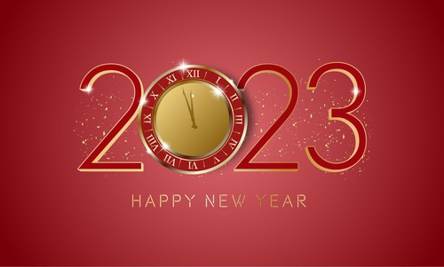 Happy new year red background with clock illustration on numbers 2023 vector