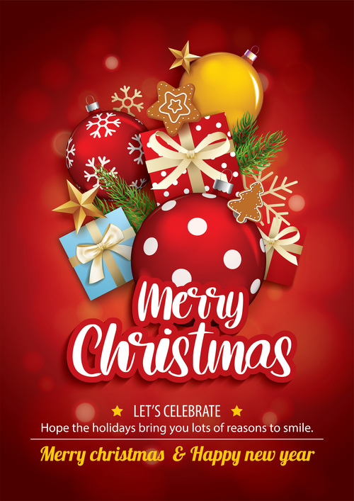 Merry christmas party glass ball gift box flyer brochure design red background vector