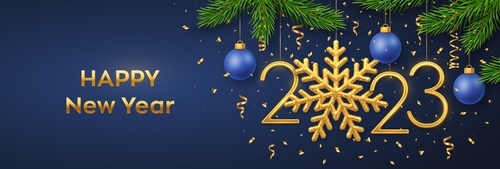 Pine branch and golden snowflake background 2023 New Year greeting card vector