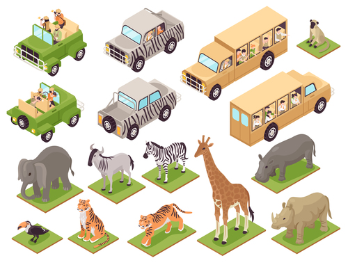 Tourist vehicles wild animals isolated vector