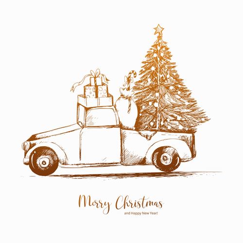 Tree delivery truck sketch christmas background vector