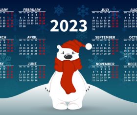 Yearly calendar 2023 with a cute polar bear on the background of a snowy landscape vector