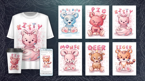 Cute animal cover T-shirt design vector