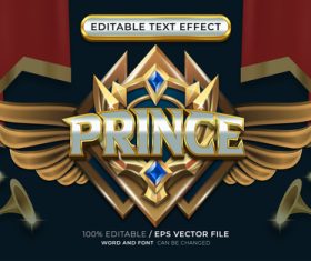 Editable royal themed prince text effect with winged emblem vector