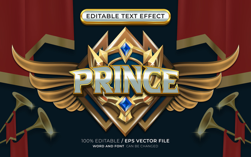 Editable royal themed prince text effect with winged emblem vector